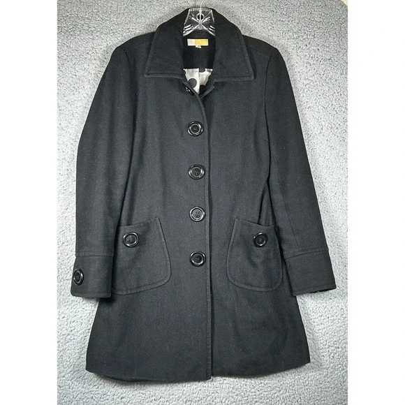 Anthropologie Tulle Peacoat Black Wool Longline M Polka Dot Lining Button Pocket - Picture 1 of 8